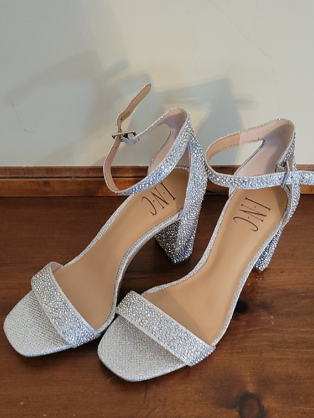 INC International Concepts Silver Glitter Ankle Strap Block Heels